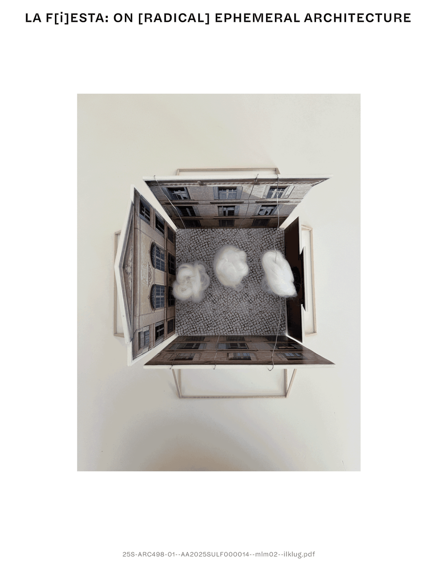 Four-frame animation showing physical models of festival installations inside miniature courtyard enclosures