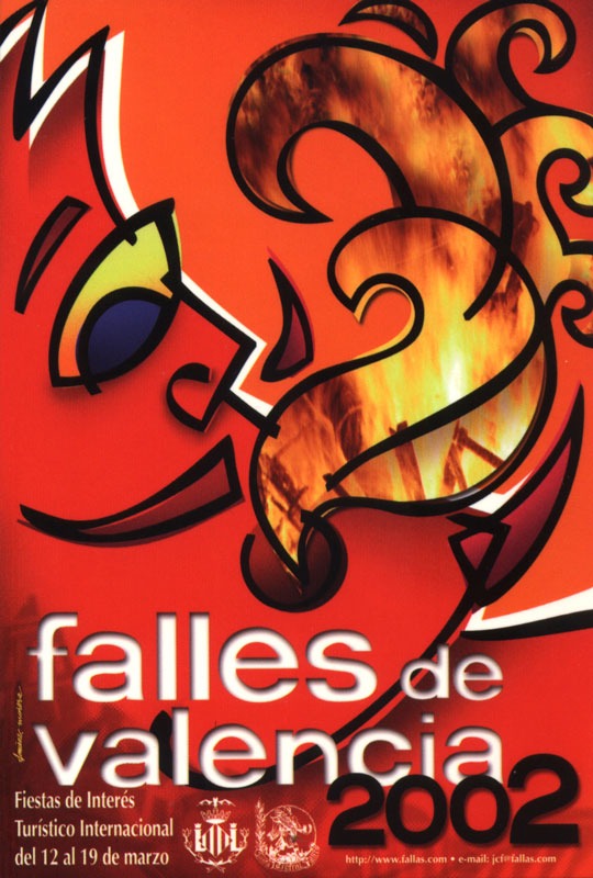 Official 2002 Las Fallas poster featuring fire · man's face.