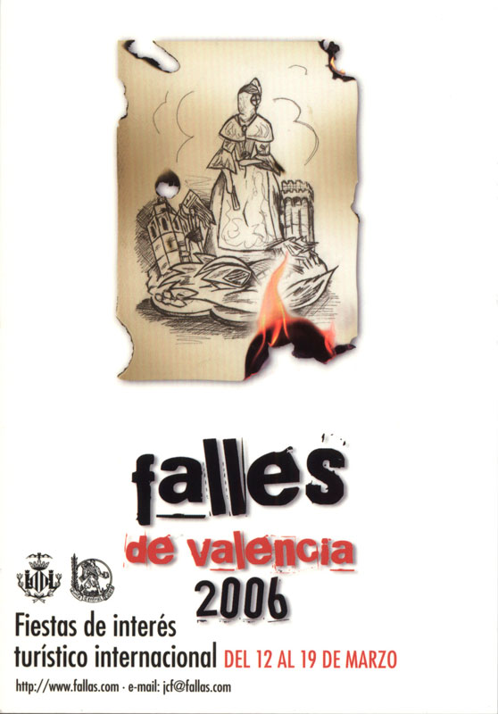 Official 2006 Las Fallas poster featuring fire · falleros/as · buildings.