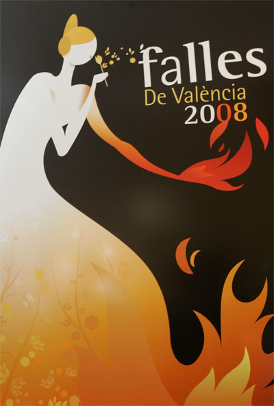 Official 2008 Las Fallas poster featuring falleros/as · woman's profile · fire · flowers.