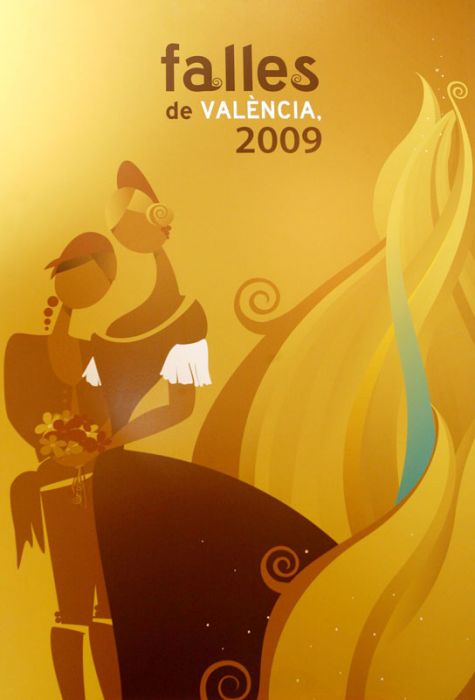 Official 2009 Las Fallas poster featuring falleros/as · woman's profile · fire.