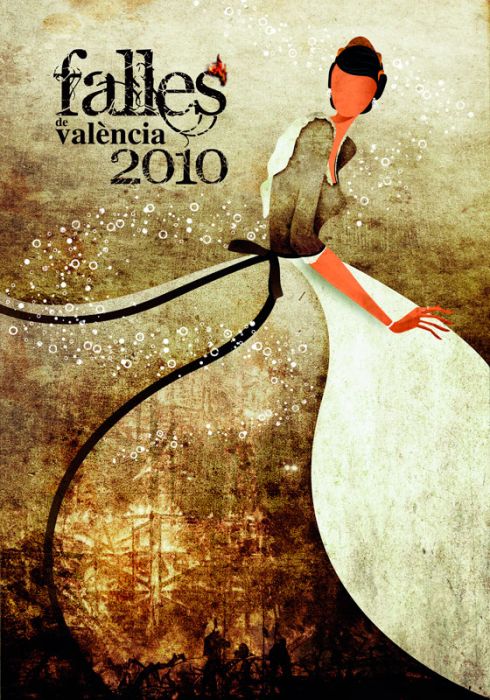 Official 2010 Las Fallas poster featuring falleros/as · woman's profile.