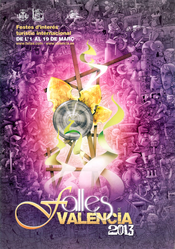 Official 2013 Las Fallas poster featuring fire · wood · crowd · traditions.