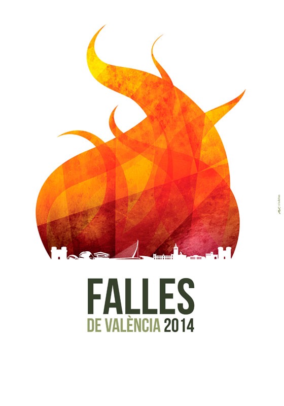 Official 2014 Las Fallas poster featuring fire · buildings.