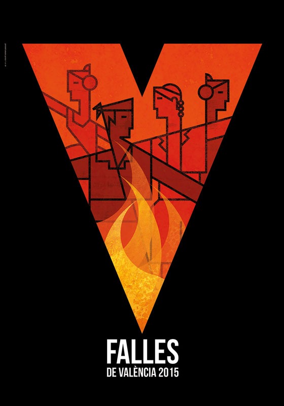 Official 2015 Las Fallas poster featuring fire · woman's profile · falleros/as · v.