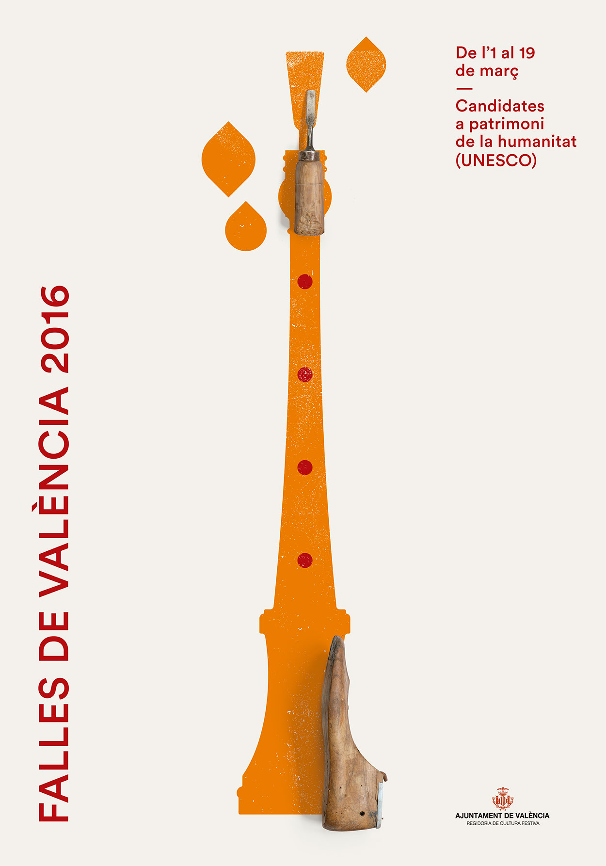 Official 2016 Las Fallas poster featuring fire · clarinet · wood.