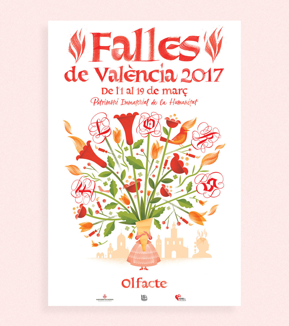Official 2017 Las Fallas poster featuring flowers · fire · bird · dress · buildings · firecrackers.