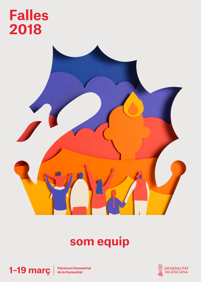 Official 2018 Las Fallas poster featuring dragon · fire · falla · fire · crowd.