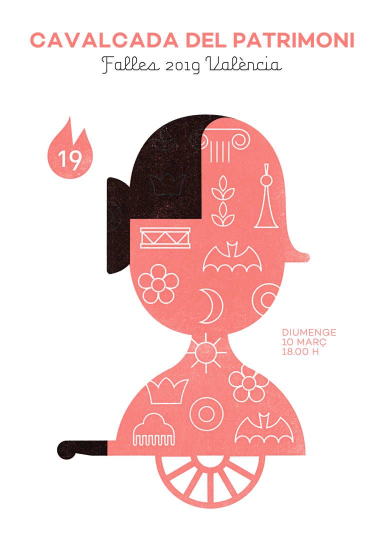 Official 2019 Las Fallas poster featuring woman's profile · bat · fire.
