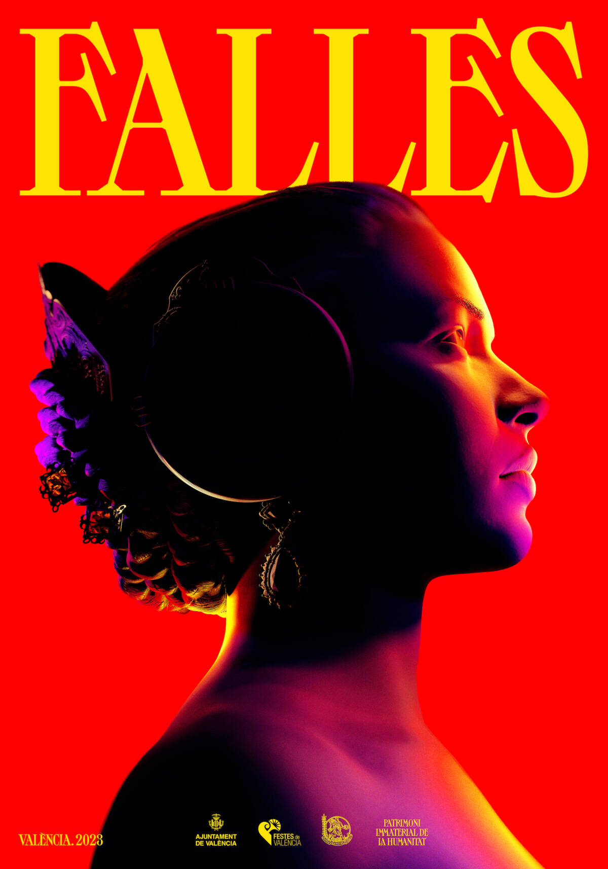 Official 2023 Las Fallas poster featuring woman's profile · braid pattern.