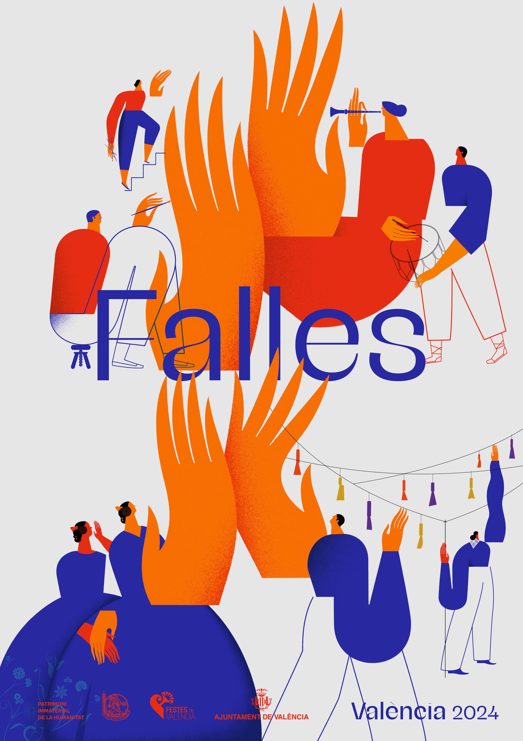 Official 2024 Las Fallas poster featuring hand · fire · traditions.