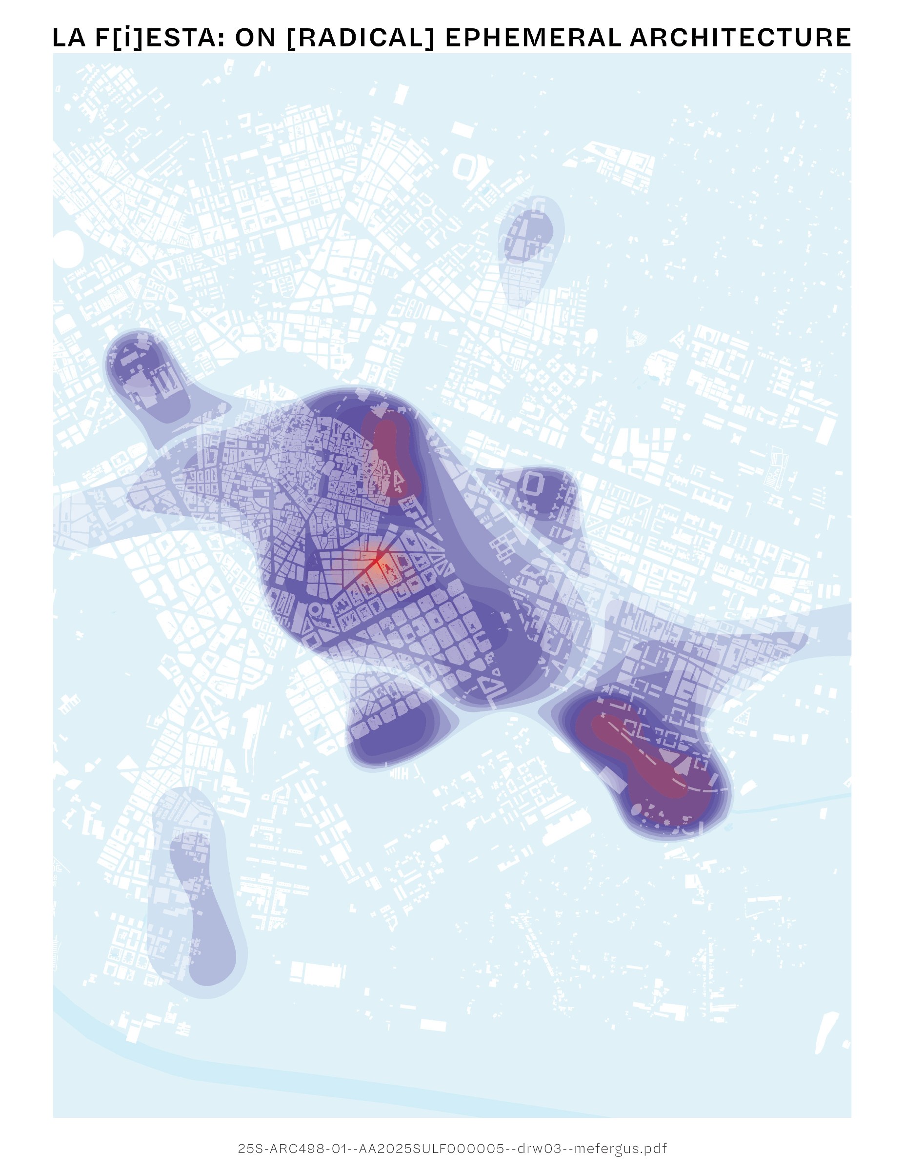 Map of València with translucent heat zones showing the concentration of Las Fallas activity.