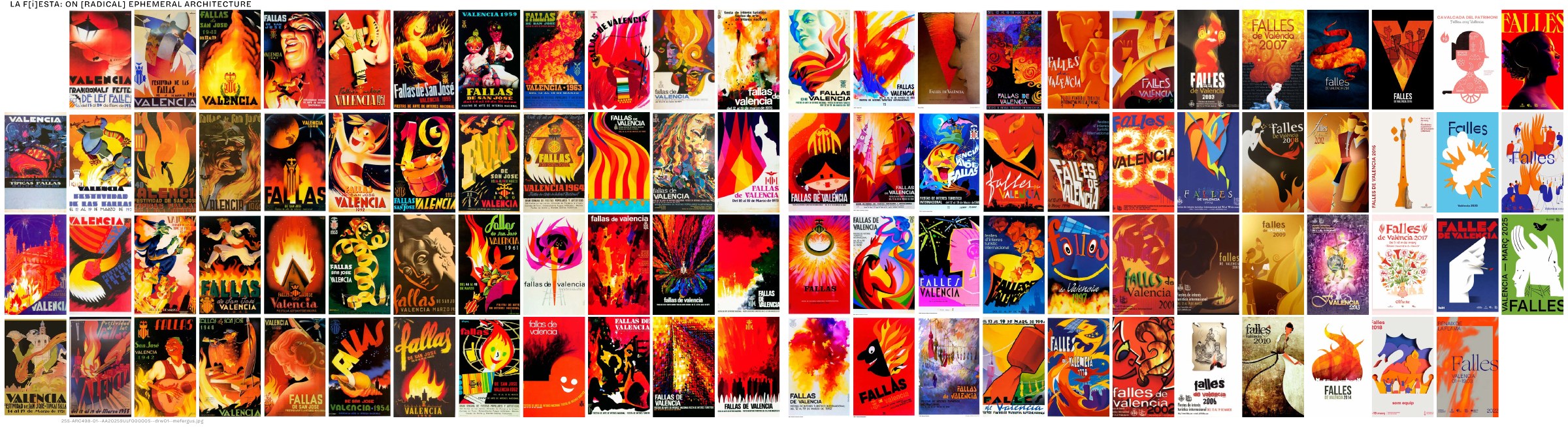 Wide chronological grid of annual Las Fallas posters from 1929 to 2025.