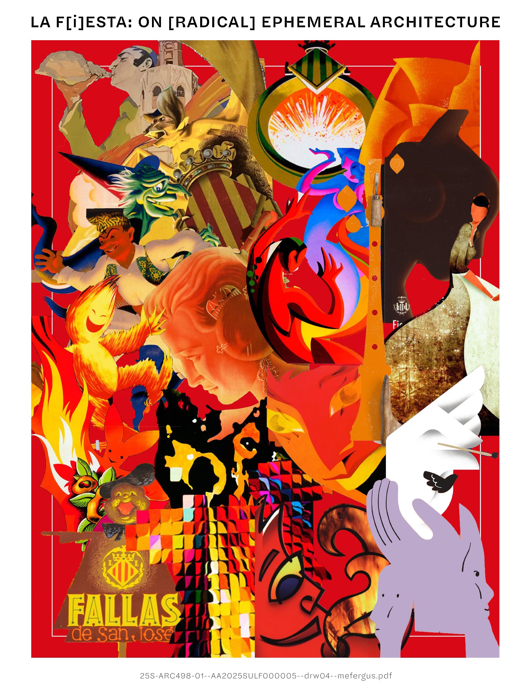 Collage of figures, symbols and graphic fragments extracted from a century of Las Fallas posters.
