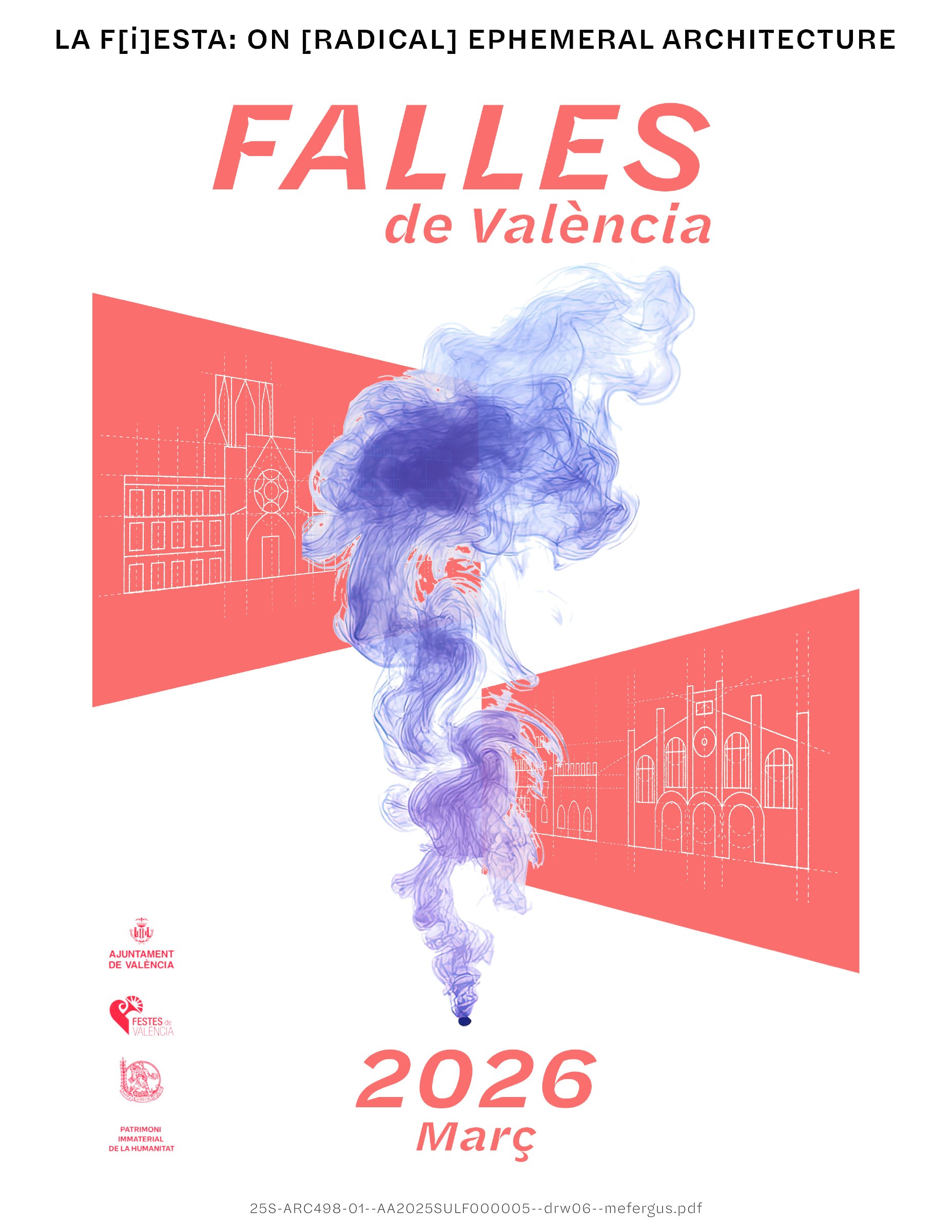 Speculative 2026 Falles poster with coral architectural projections and a vertical violet smoke form.